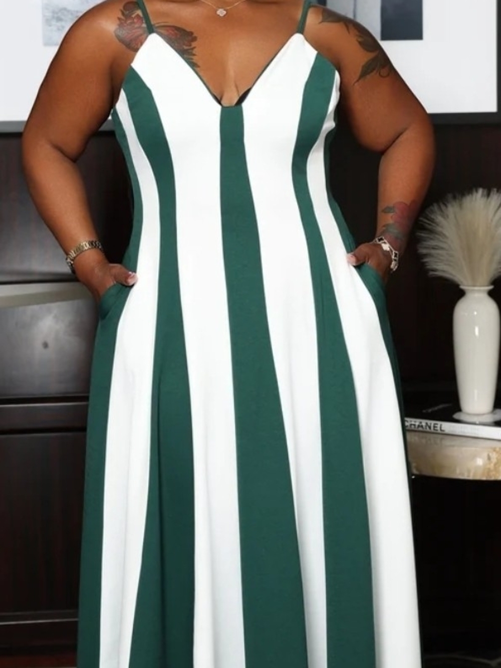 Green & White Striped Maxi Dress - V-Neck Spaghetti Strap